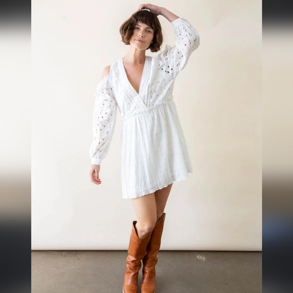 IRO Meila eyelet white cotton mini cold shoulder Longsleeve Mini dress 38 nwt - Picture 1 of 14